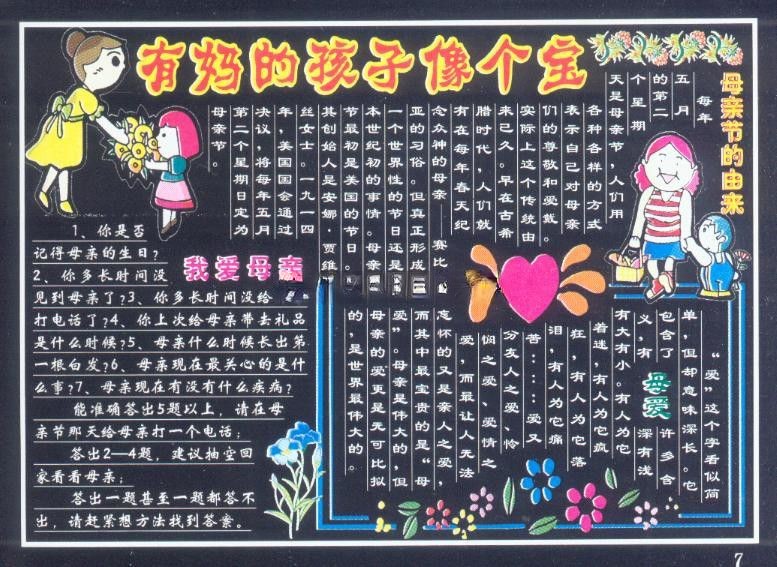 庆祝母亲节专题黑板报设计作品欣赏：有妈的孩子像个宝—母亲节的由来/我爱母亲...