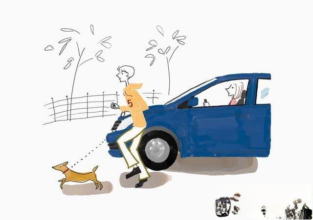 板报插图：女人与狗 车 过马路
